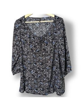 SOYA CONCEPT 100% Viscose Geometric Black/Cobalt Print Boho Blouse 3/4 Sleeve